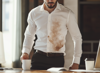 Homme portant une chemise avec une tâche de café